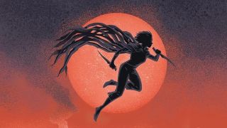 Silhouetted figure leaping through the air with a red moon in the background on the cover of Mistborn: The Final Empire