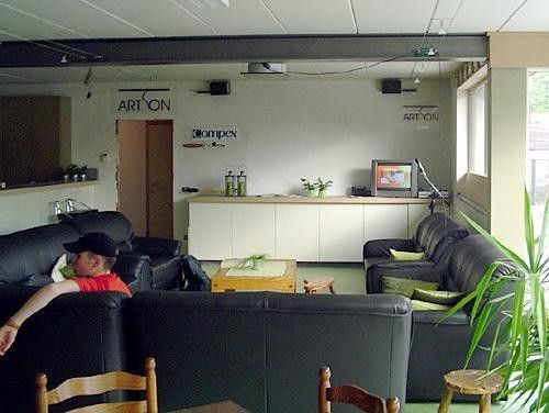 The lounge room of the Cycling Center is large and well furnished. There's even wireless Internet.