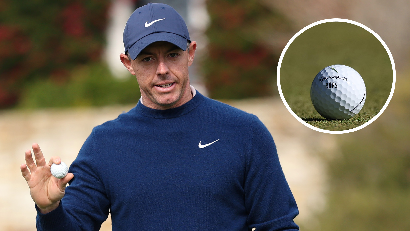 Rory McIlroy waves to the crowd, with a close up of his golf ball in a circle