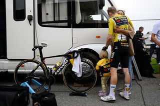Race leader Jonas Vingegaard and family after stage 6 of the Critérium du Dauphiné