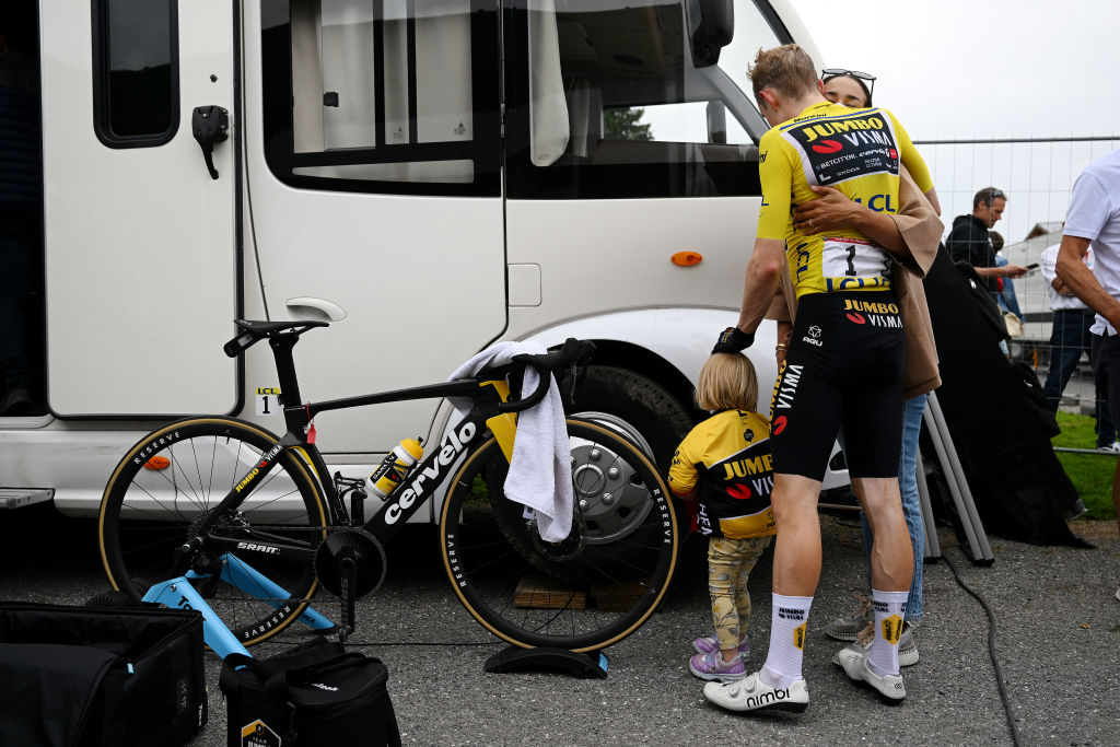 Race leader Jonas Vingegaard and family after stage 6 of the Critérium du Dauphiné