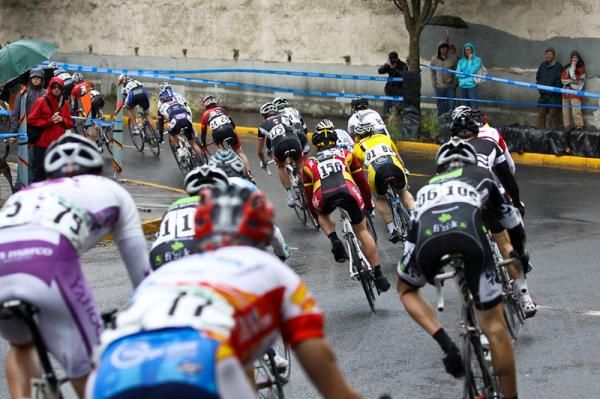 The men negotiate one of the more slippery corners.