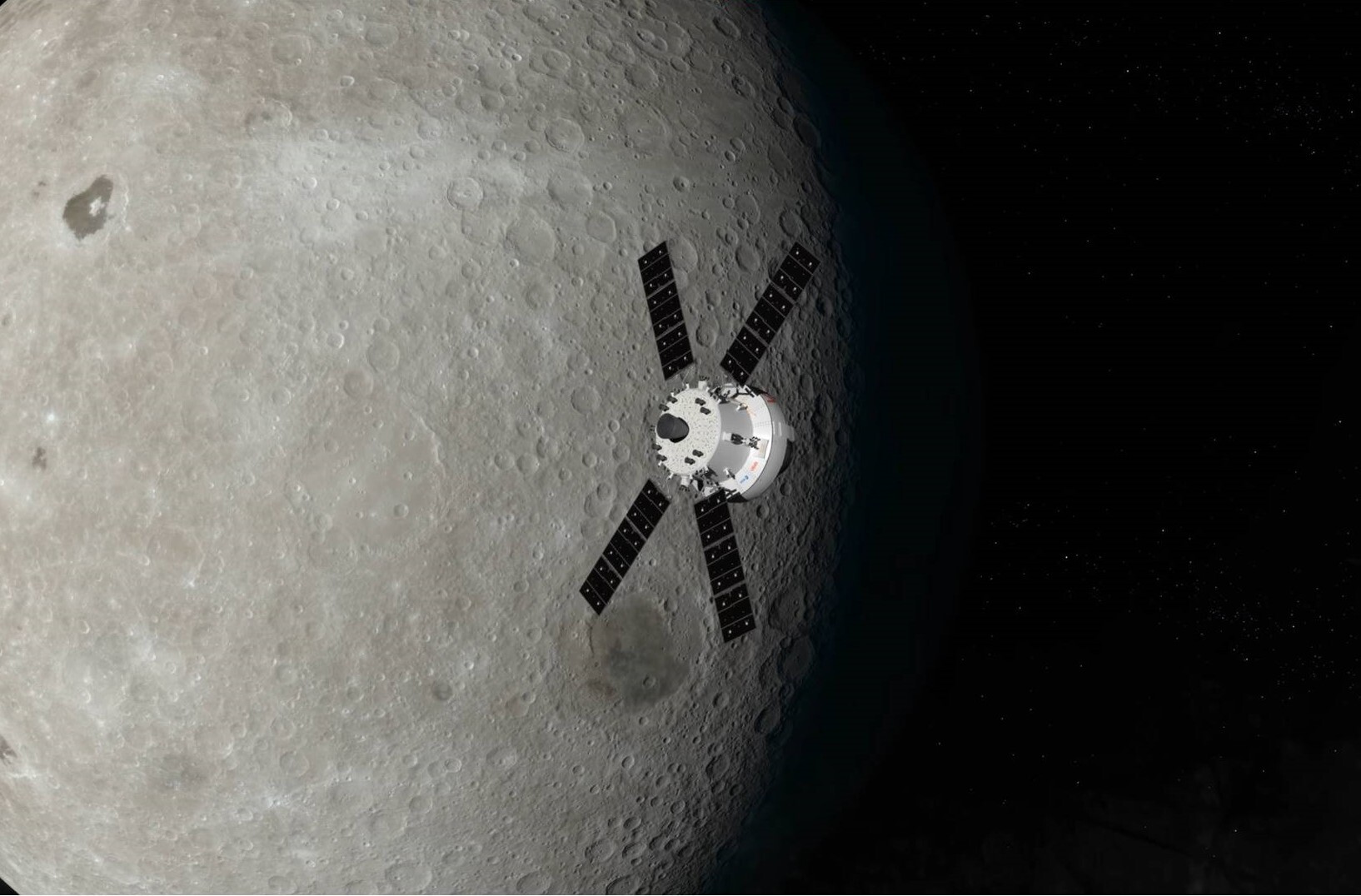 An illustration of a white spacecraft floating above the moon in space.