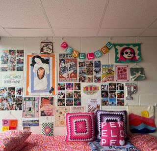 Crocheted wall art on dorm wall