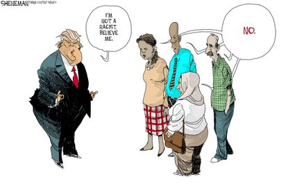 Political cartoon U.S. Trump racist comments minorities