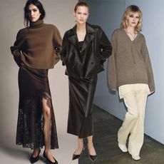 Models wear Zara. One wears brown sweater, white camisole, white corduroy pants, and white boots. The next model is wearing a black leather skirt and cropped trench set. Another model is wearing a brown sweater, brown satin lace skirt with brown kitten heel shoes. 