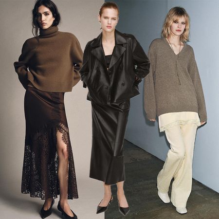Models wear Zara. One wears brown sweater, white camisole, white corduroy pants, and white boots. The next model is wearing a black leather skirt and cropped trench set. Another model is wearing a brown sweater, brown satin lace skirt with brown kitten heel shoes. 