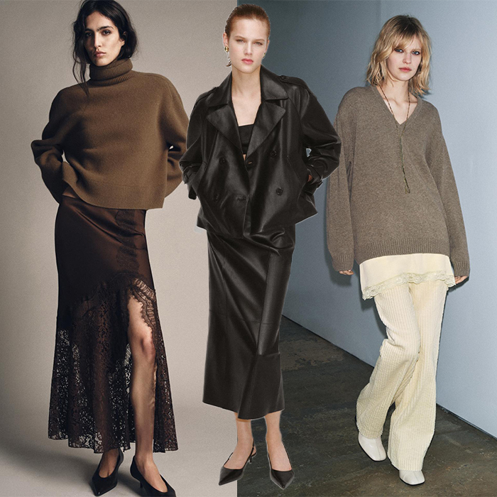 Models wear Zara. One wears brown sweater, white camisole, white corduroy pants, and white boots. The next model is wearing a black leather skirt and cropped trench set. Another model is wearing a brown sweater, brown satin lace skirt with brown kitten heel shoes. 