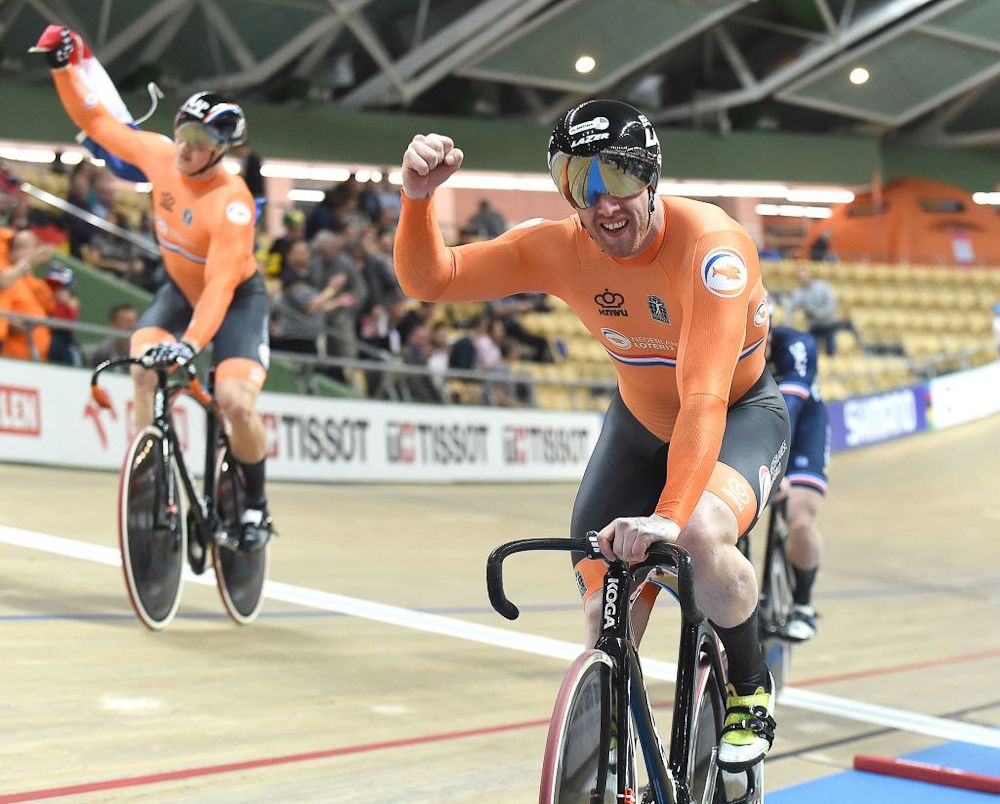 Netherlands' team celebrate after winning the men's team sprint final at the UCI Track Cycling World Championship