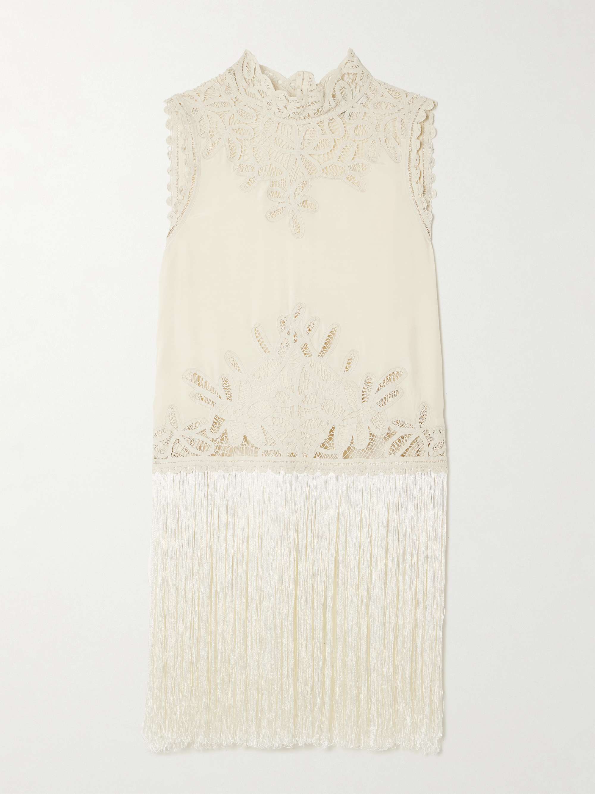 Adelina Tie-Side Fringed Lace-Paneled Woven Top