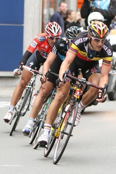 Tom Boonen (Quick Step) leads the front group into a corner with 20 kilometres remaining.