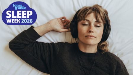 An image of the woman listening to white noise through headphones while sleeping. In the top left foreground, a Sleep Week 2026 badge can be seen. 
