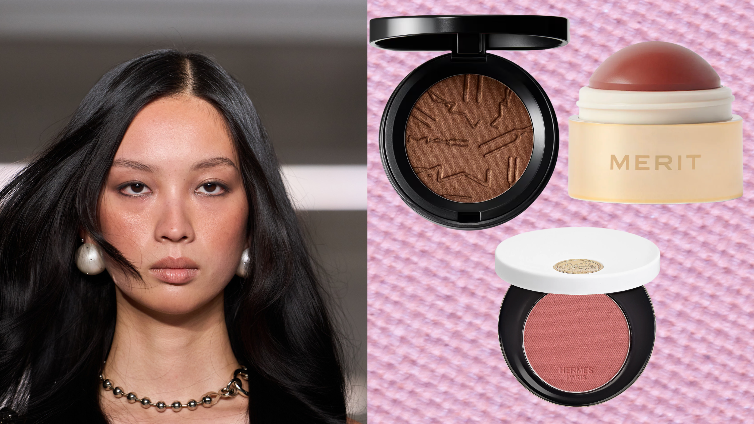 A woman with black hair and oversized pearl earrings next to three blushes. All images on a purple background.