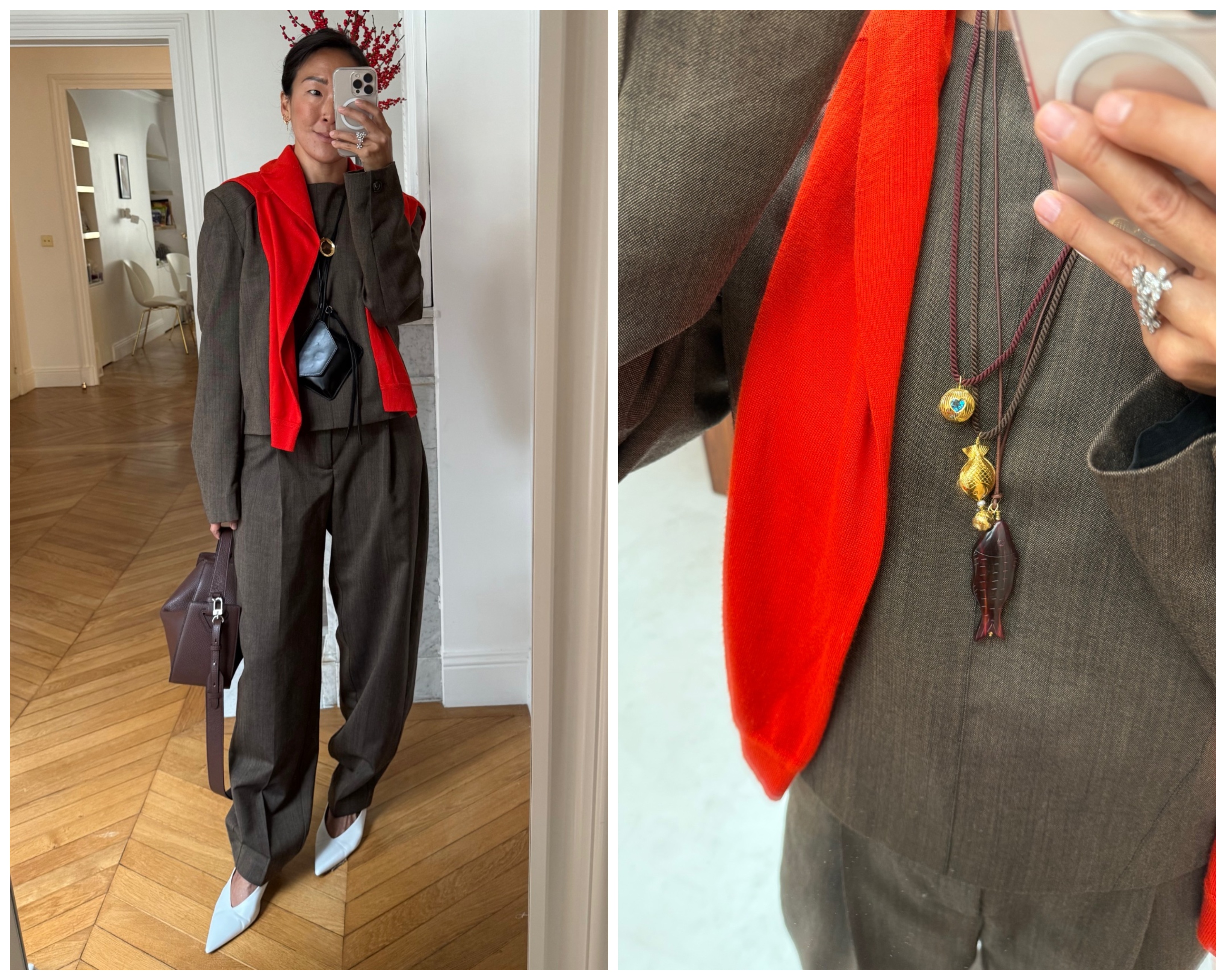 Irene Kim wearing a suit, a red scarf, and jewelry