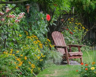 A weathered wood chair sits at the end of a stone walkway, hidden behind colorful zinnias