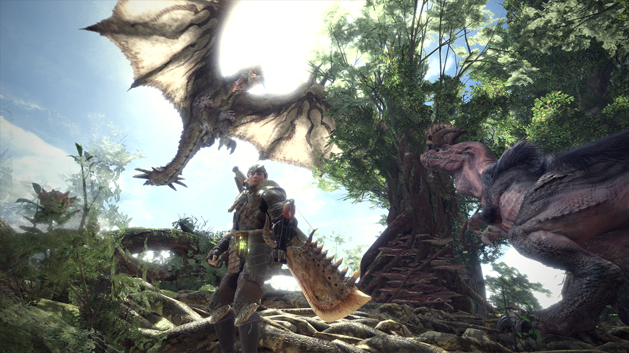 A character standing with a monster while a dragon looms overhead in Monster Hunter World