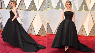 composite image of Kirsten dunst on the oscars red carpet wearing a black dress with full skirt