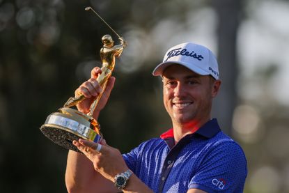 Justin Thomas with the trophy after his win in the 2021 Players Championship at TPC Sawgrass