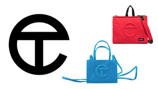 Telfar monogram logo, Telfar for Eastpak collaboration bag in red, and Telfar shopper bag in blue