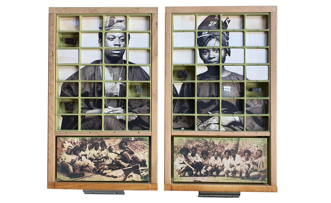 Image of Kelani Abass&#039; artwork, Casing History 22 , 2020, letterpress type and case with digital print, diptych