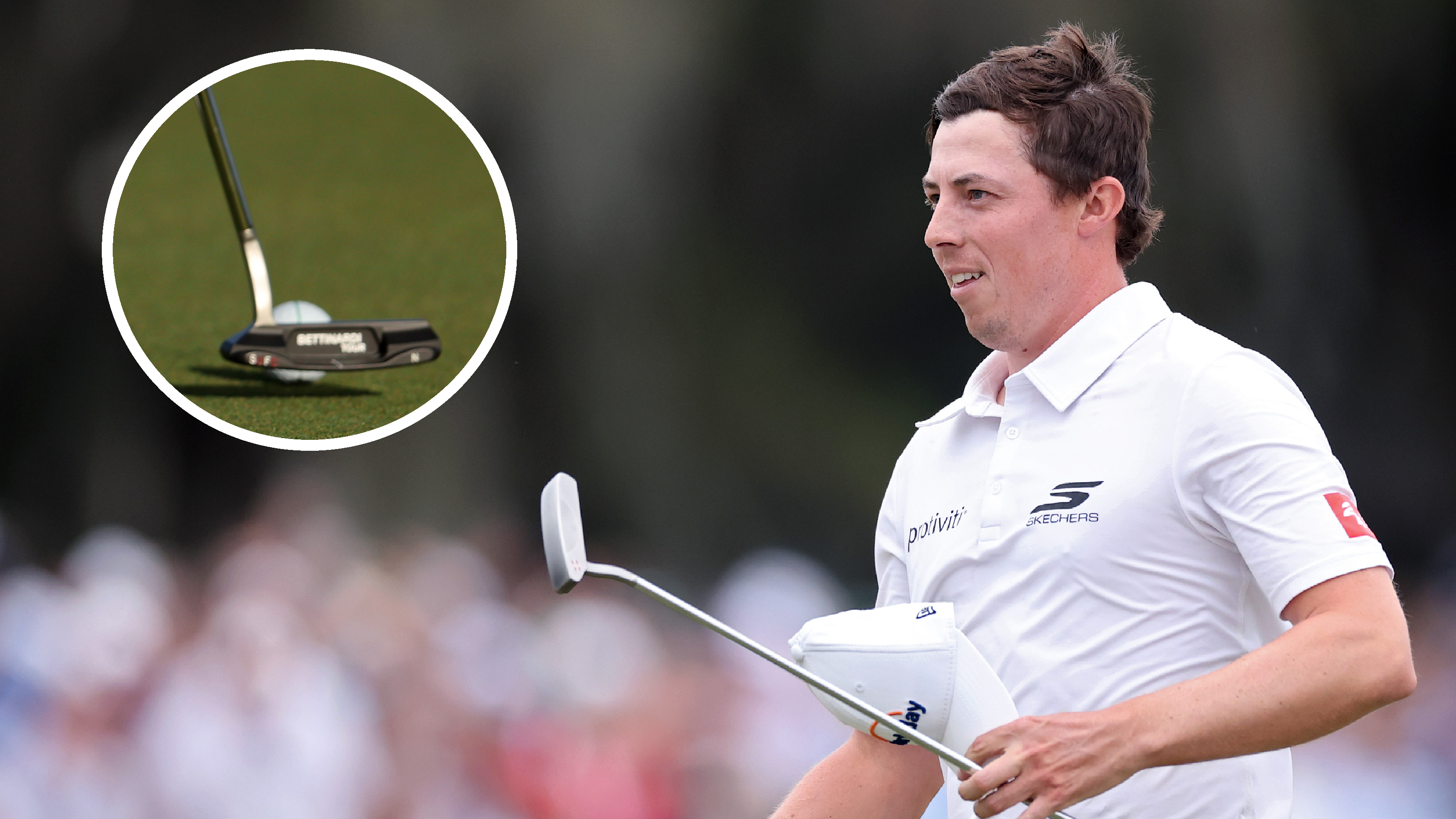Matt Fitzpatrick walks off the green holding the putter, with a close-up
