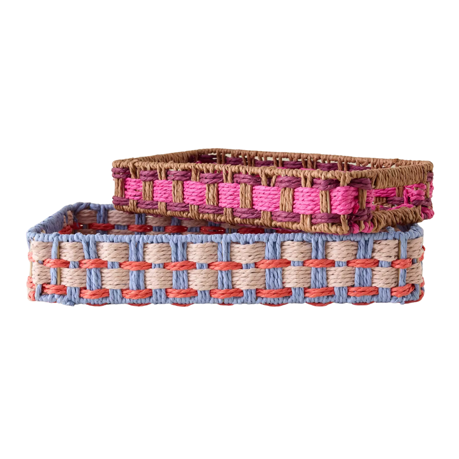 A set of two woven paper trays in brown / pink and blue / cream / orange