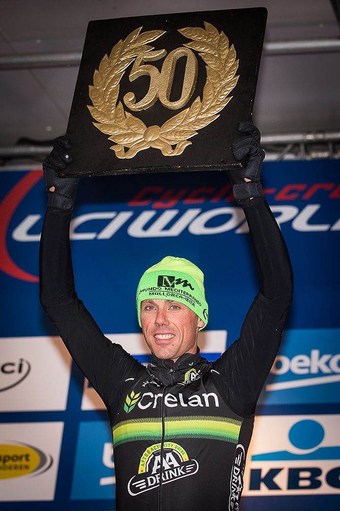 Sven Nys celebrates his 50th World Cup win.