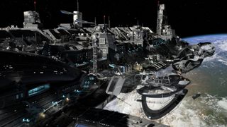 The Orville and several Union ships are at dock for repairs. FuseFX digitally built a custom space station, and artists created small robot ships that animators added life to by showing the damaged ships under repair.