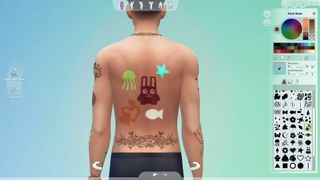 The Sims 4 Businesses & Hobbies - a sim with back tattoos in different colors and an open create-a-sim panel showing many tattoo shapes and color picker