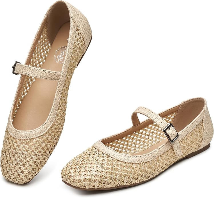 Trary, Trary Mary Jane Shoes Women Woven Flats for Women Ballet Flats Shoes Squared Toe Mary Jane Flats Ankle Strap Dressy Comfortable Beige Size 8