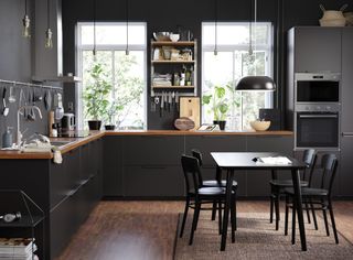 l shaped dark interior kitchen by ikea