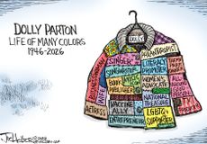 This cartoon is titled "Dolly Parton: Life of Many Colors 1946-2026" and depicts a multi-colored jacket with many patches. The patches read, "Singer, Songwriter, Book Publisher, Music Icon, Vaccine Ally, Entrepreneur, Businesswoman, Wife, Actress, Philanthropist, Literacy Promoter, Women's Advocate, National Treasure, LGBTQ+ Supporter, Theme Park Owner, All-Around Good Person, TV Producer."