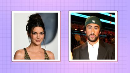 Kendall Jenner and Bad Bunny pictured in a purple two-picture template/ Kendall wears a gold and black dress at the 2023 Vanity Fair Oscars After Party and Bad Bunny wears a suit and green hat to the 2023 Grammys