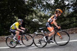 Katie Hall leads Boels Dolmans teammate and race leader Anna van der Breggen on the way to the finish of stage 2 of the 2019 Tour of California Women's Race