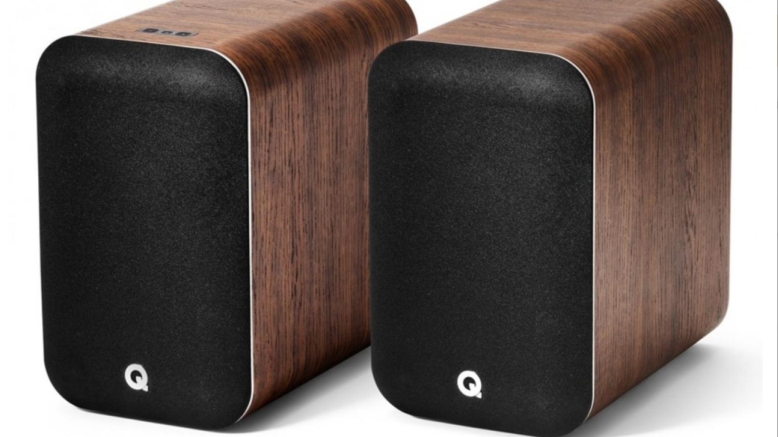 Q-Acoustics M20 bookshelf speakers on white background