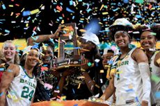 The Baylor Lady Bears celebrate their NCAA tournament win.