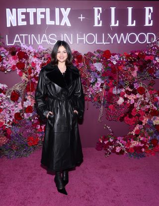 Selena Gomez at the Emilia Perez latinas in hollywood event wearing an impressive black coat