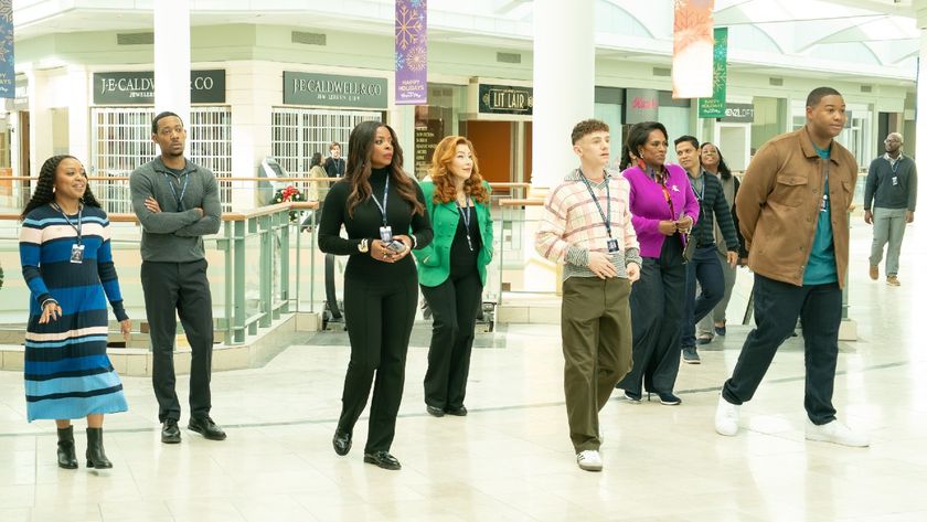 From left to right: Quinta Brunson, Tyler James Williams, Janelle James, Lisa Ann Walter, Chris Perfetti, Sheryl Lee Ralph and Luke Tennie walking in the mall on Abbott Elementary.