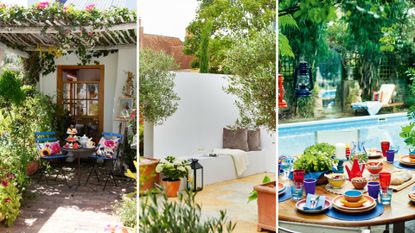 composite of med inspired gardens to support expert Mediterranean garden ideas