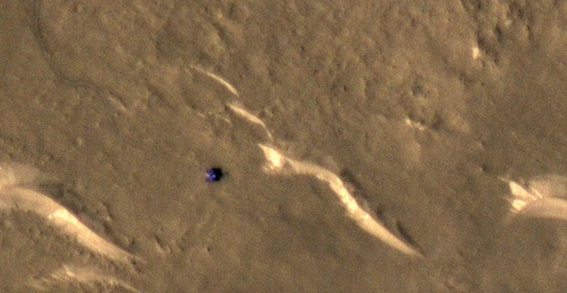 The HiRISE camera aboard NASA&#039;s Mars Reconnaissance Orbiter captured this image of China&#039;s Zhurong rover on the Martian surface on March 11, 2022.