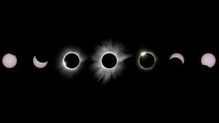 The progression of the total solar eclipse of March 9, 2015 was captured in this sequences of images by Justin Ng over Palu, Indonesia. The frames were taken at various stages — from first contact through totality to last contact — and digitally merged. The camera was carefully positioned to ensure that it could observe the entire eclipse.