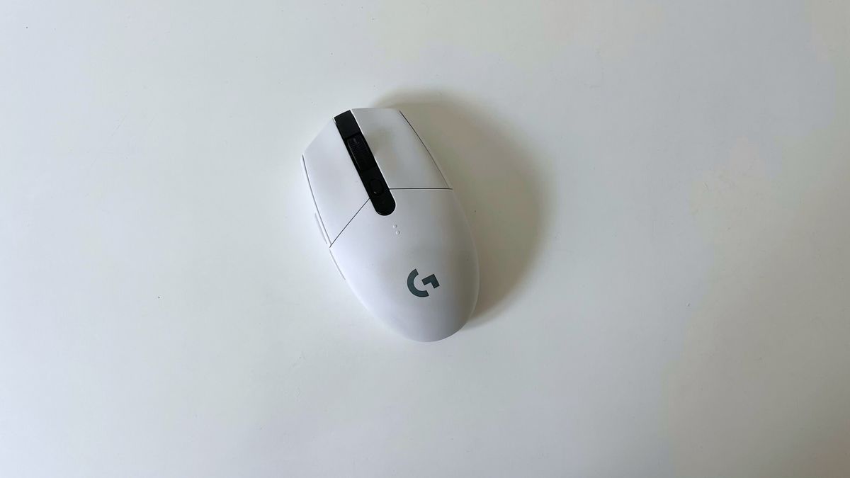 The Logitech G305 LIGHTSPEED seen from above on a white desk