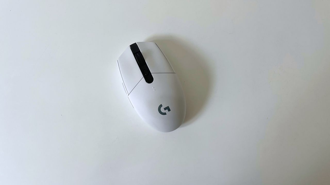 The Logitech G305 LIGHTSPEED seen from above on a white desk