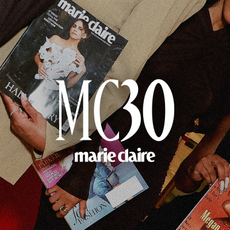 The photo shows 3 women holding different Marie Claire magazines. The text includes "MC30" and the Marie Claire logo