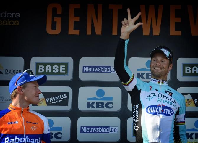 Tom Boonen celebrates win number three in Gent-Wevelgem in 2012