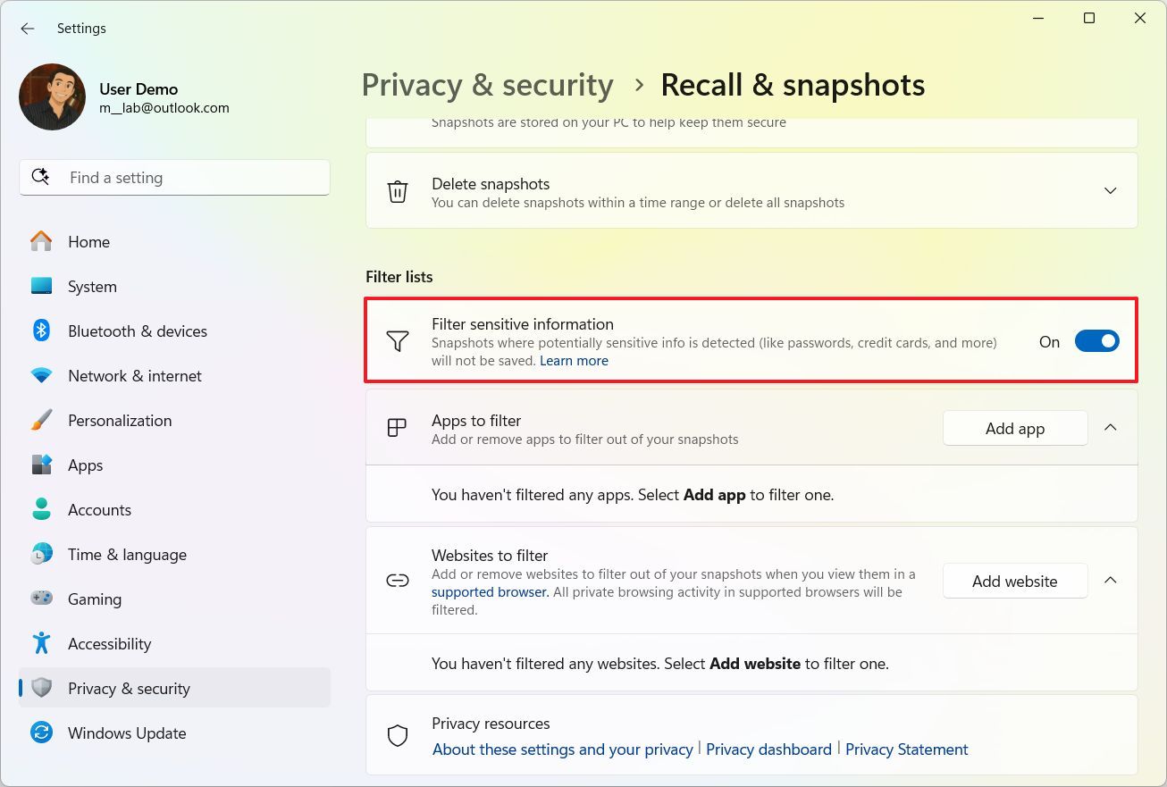 Windows Recall filters