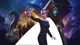 a female space captain in a collage of aliens and a starship