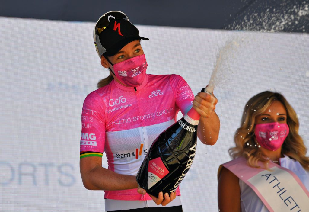 MORTEGLIANO ITALY JULY 09 Anna Van Der Breggen of Netherlands and Team SD Worx Pink Leader Jersey celebrates at podium during the 32nd Giro dItalia Internazionale Femminile 2021 Stage 8 a 1294km stage from San Vendemiano to Mortegliano Champagne GiroDonne UCIWWT on July 09 2021 in Mortegliano Italy Photo by Luc ClaessenGetty Images