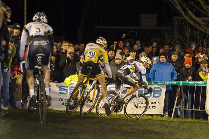 World champion Sven Nys leads Tom Meeusen and Niels Albert under the lights at Superprestige Diegem