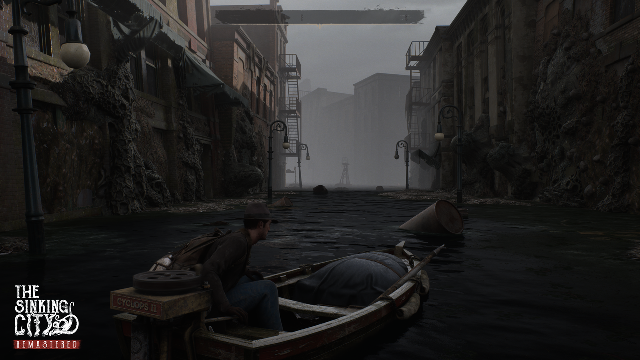 A boat ride through flooded streets in The Sinking City Remastered.